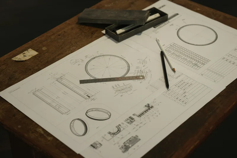 An engineering drawing of a circular part on a scarred workbench, a steel rule and pencil laid across