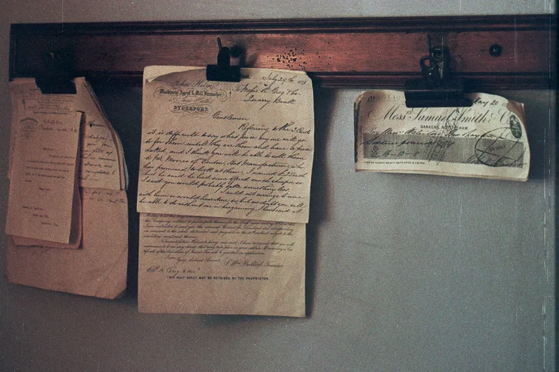 Two wooden bill rails on a plain wall, each clip holding a thick bundle of aged invoices and letters