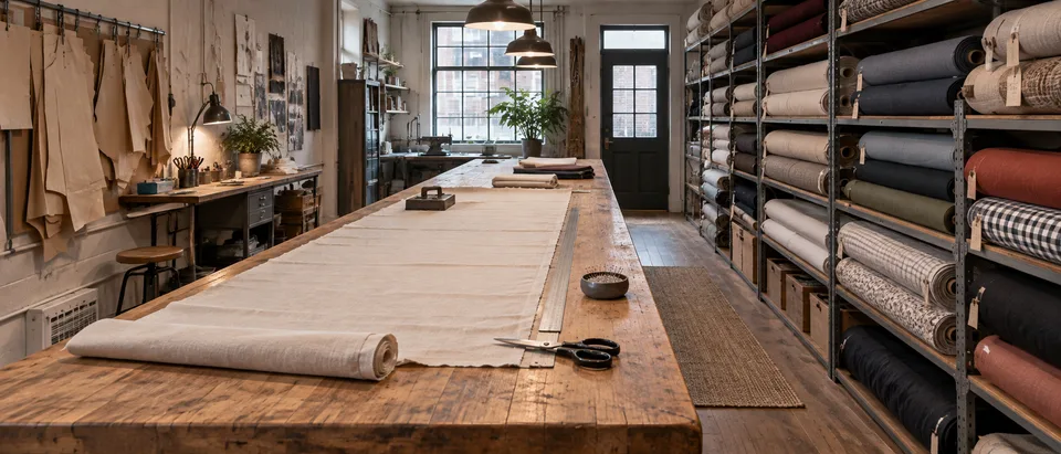 The Byline studio: a long cutting table down a narrow workshop, shelves of cloth alongside