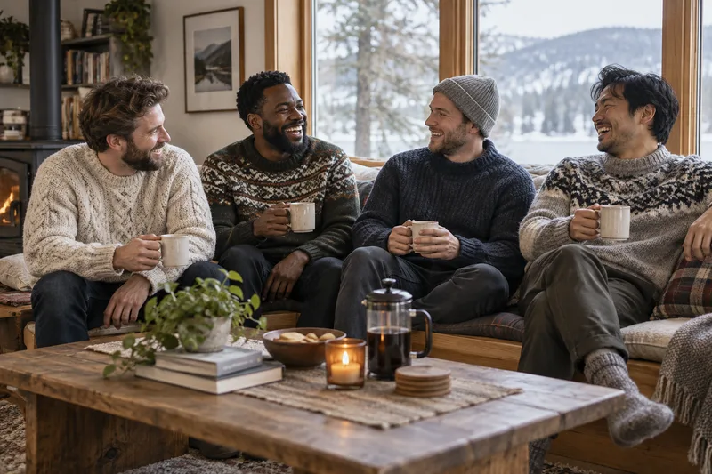Members laughing over mugs on a window bench at a Bindery meet-up