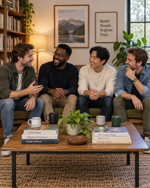 Four men in heavy knitwear laughing over mugs on a window bench, above a low table of books and cups