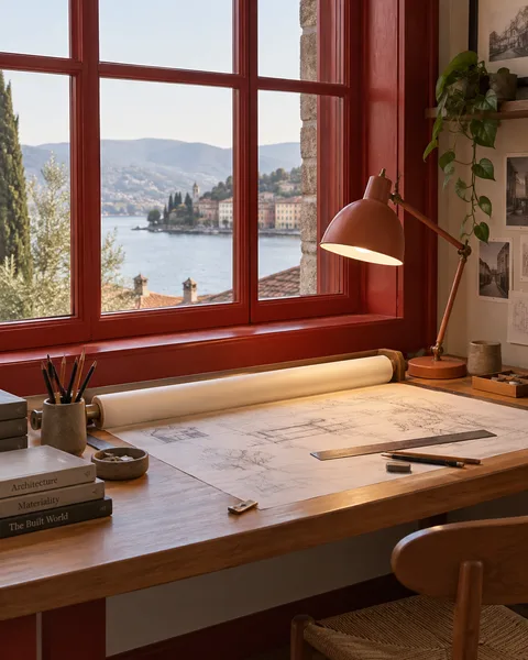 A drafting desk built into a red-framed window, tracing paper unspooled under a terracotta lamp