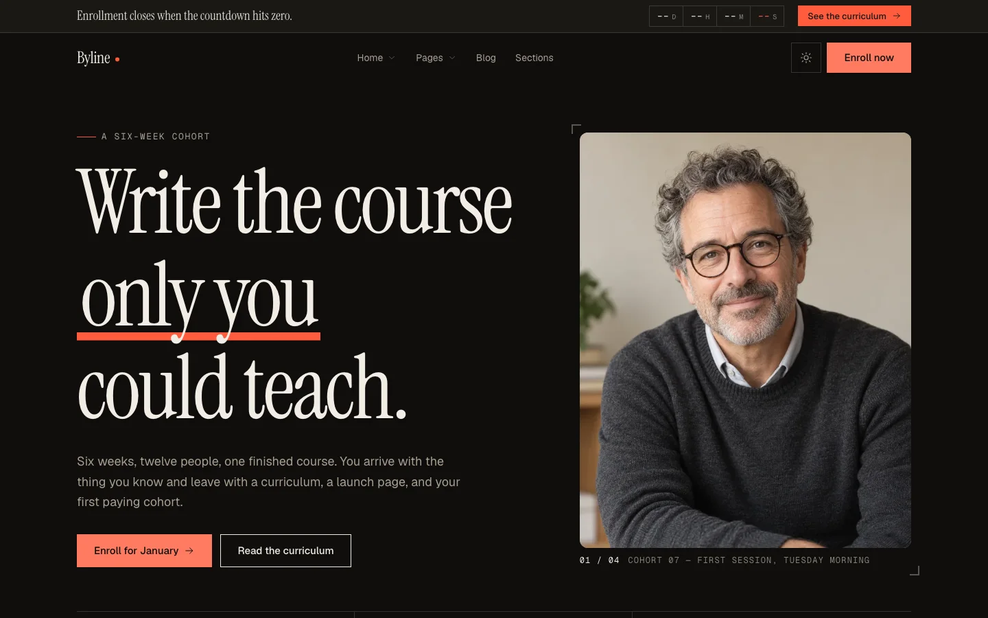 The course home in the dark theme