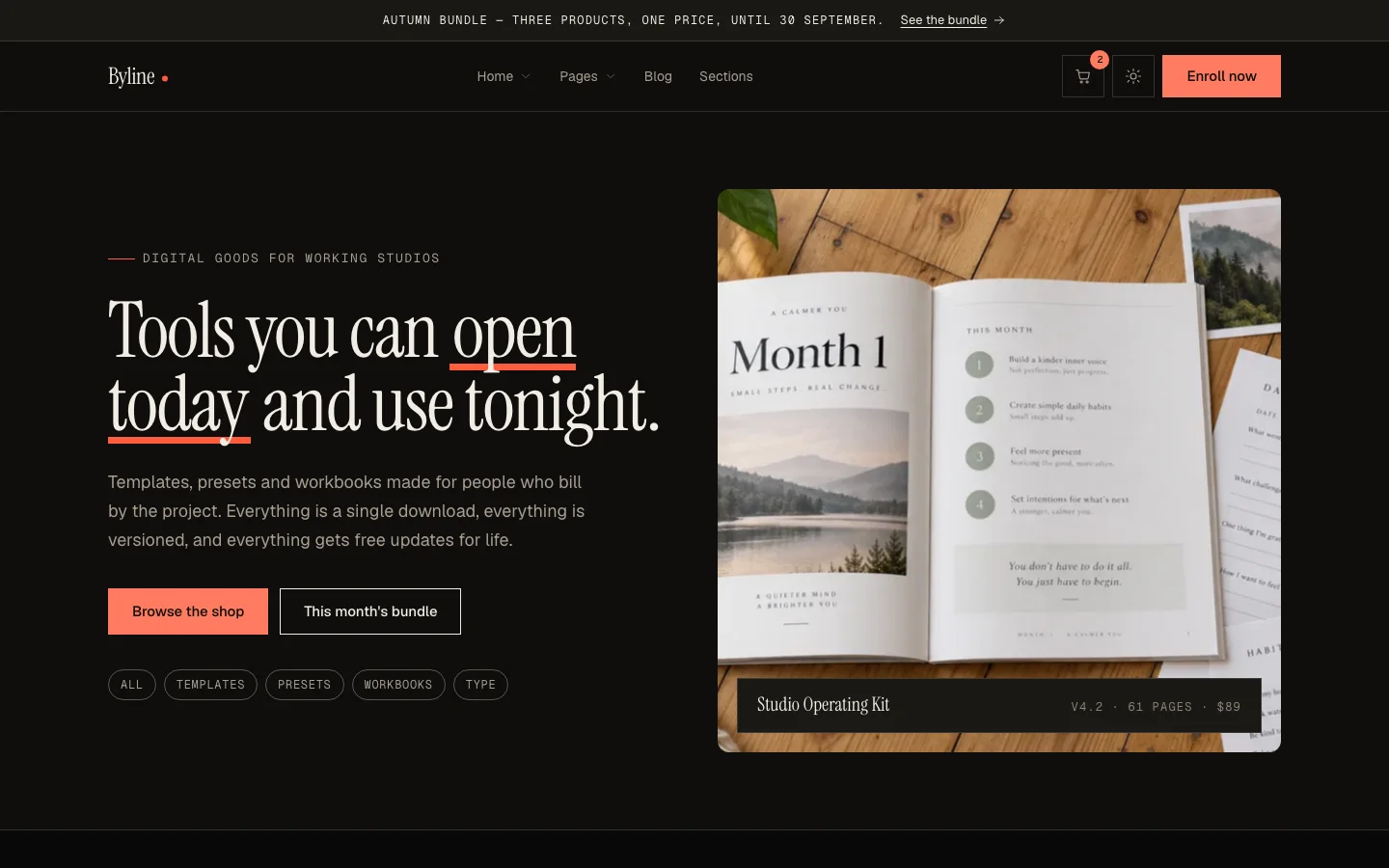 The shop home in the dark theme, product photography toned down