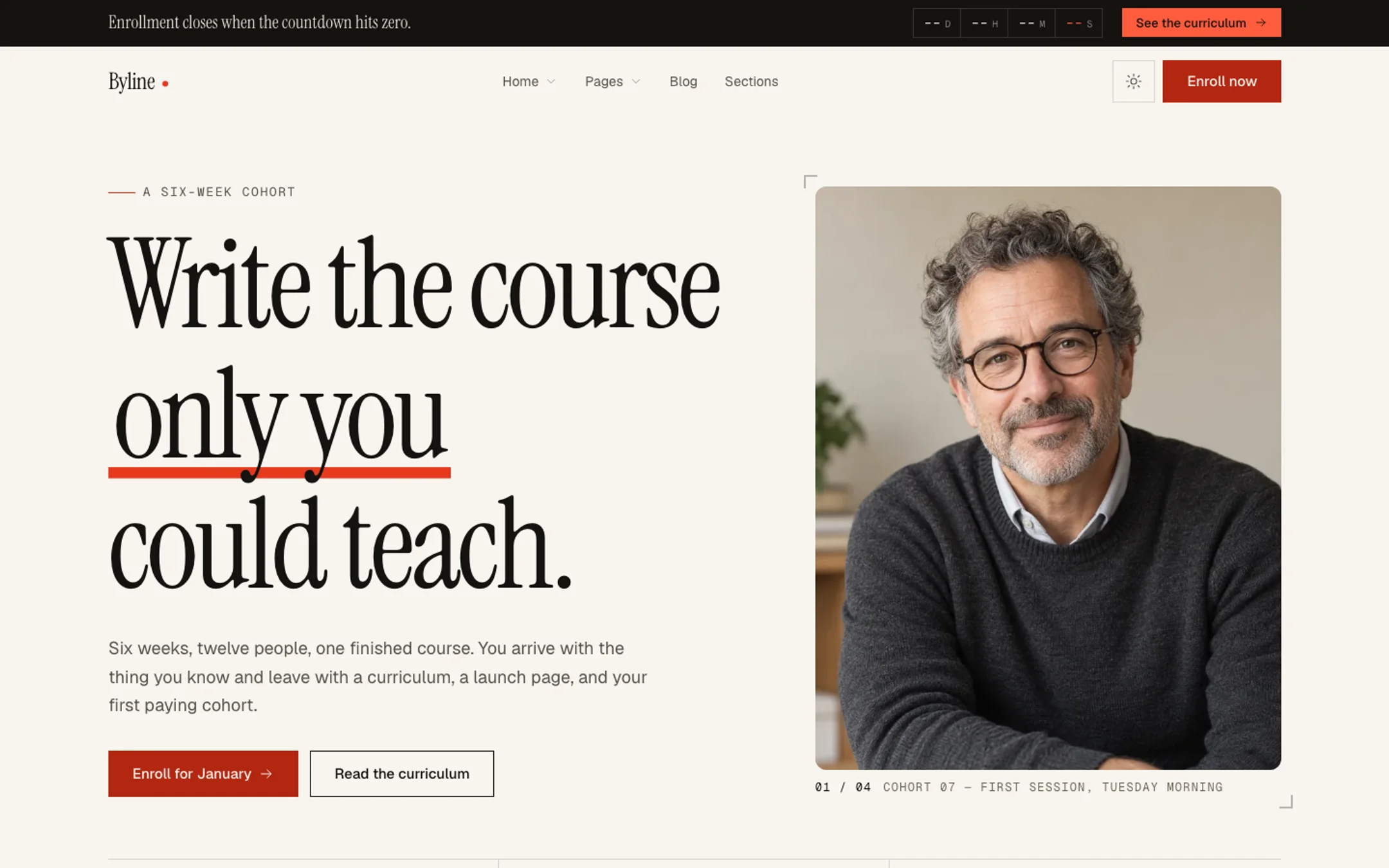 The Course and Cohort Launch home page, with the headline Write the course only you could teach beside a portrait of the instructor