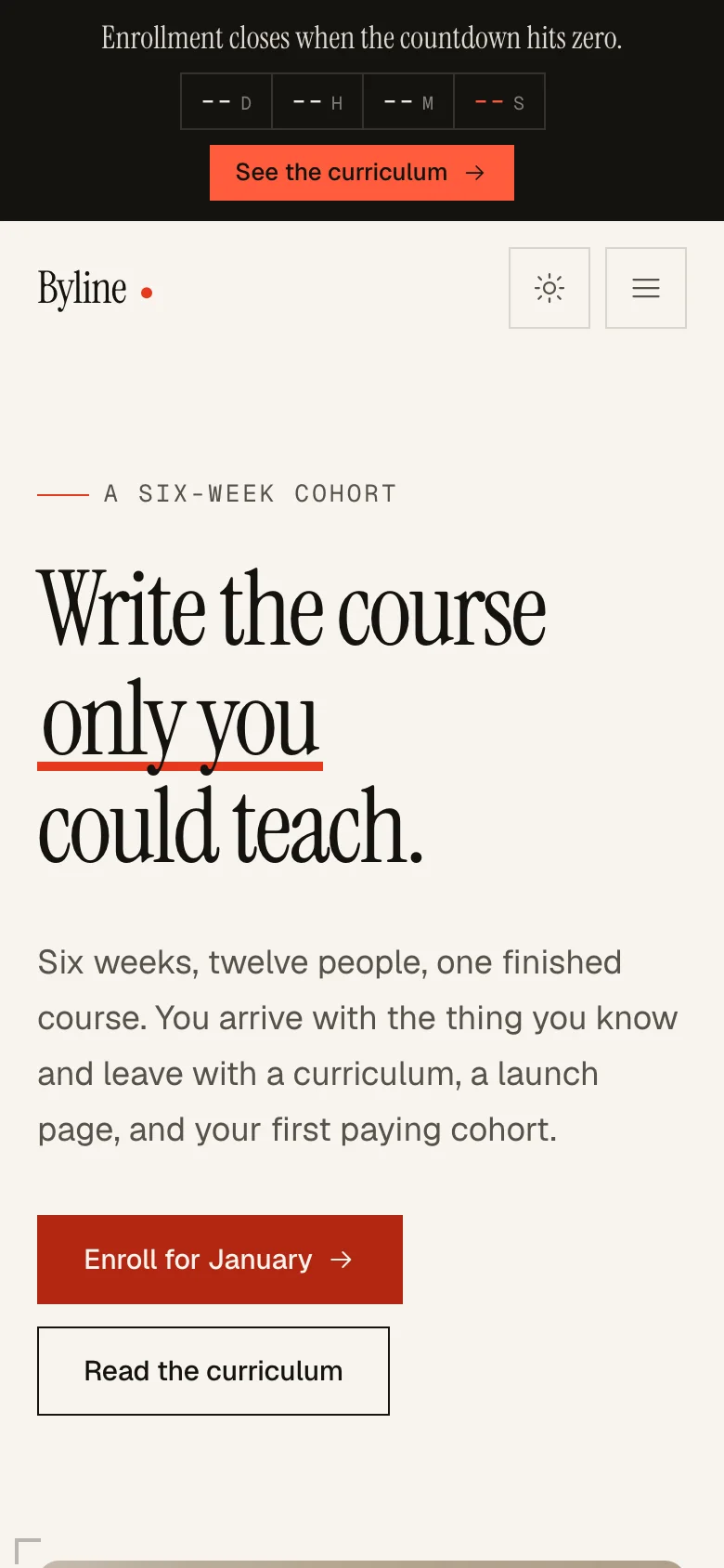The same home page on a phone, the headline set large above two stacked buttons